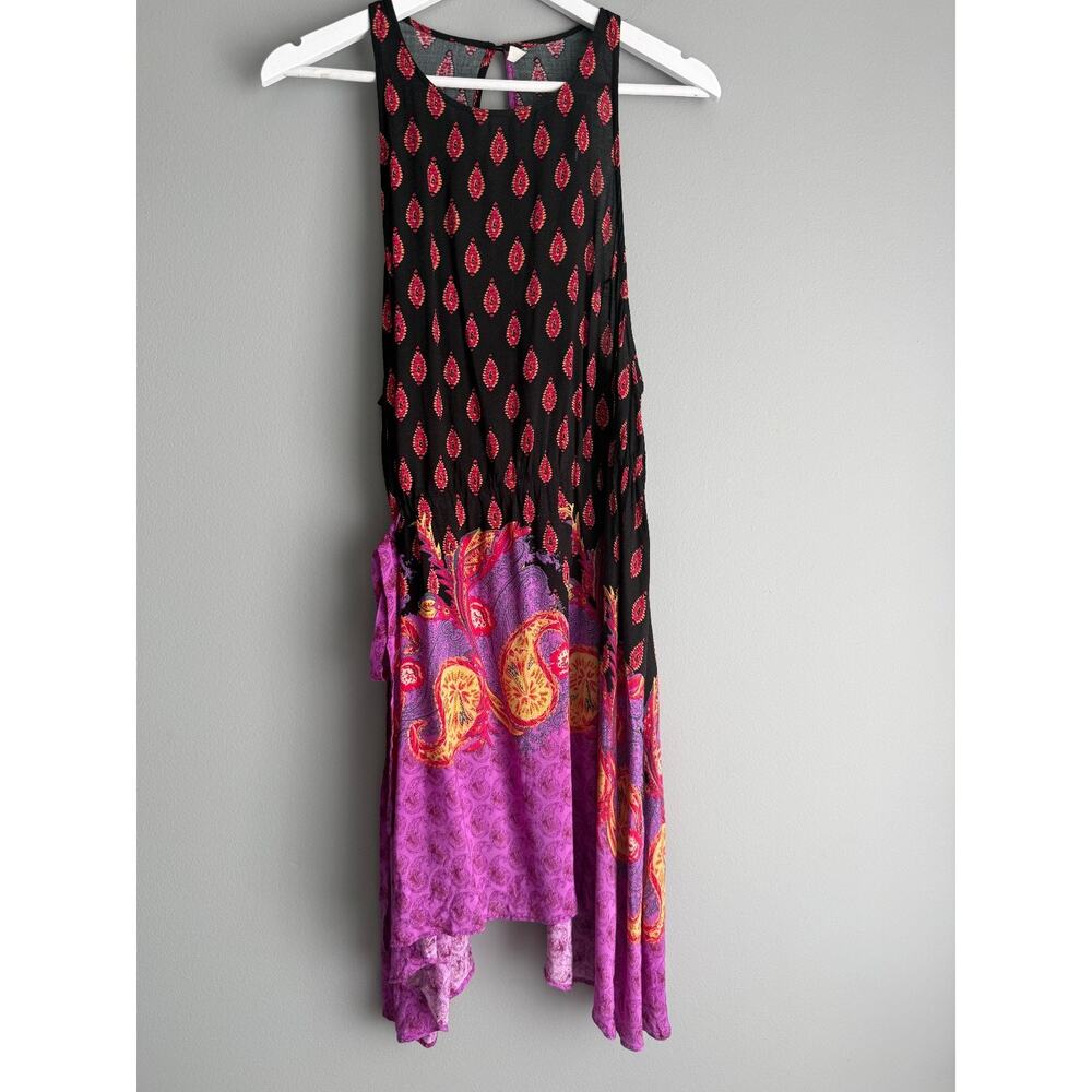 Free People Dress Size M Black Purple Paisley Rayon Smocked Handkerchief Hem